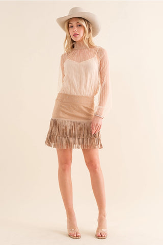 Suede Star Silver Studded Tiered Fringe Mini Skirt